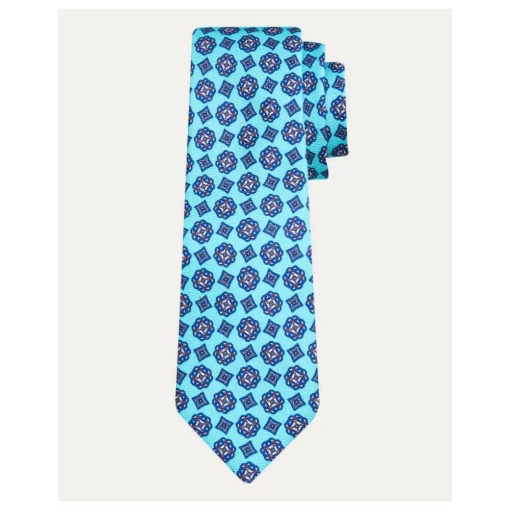 NEW KITON men's gemoetric print silk tie in teal mix